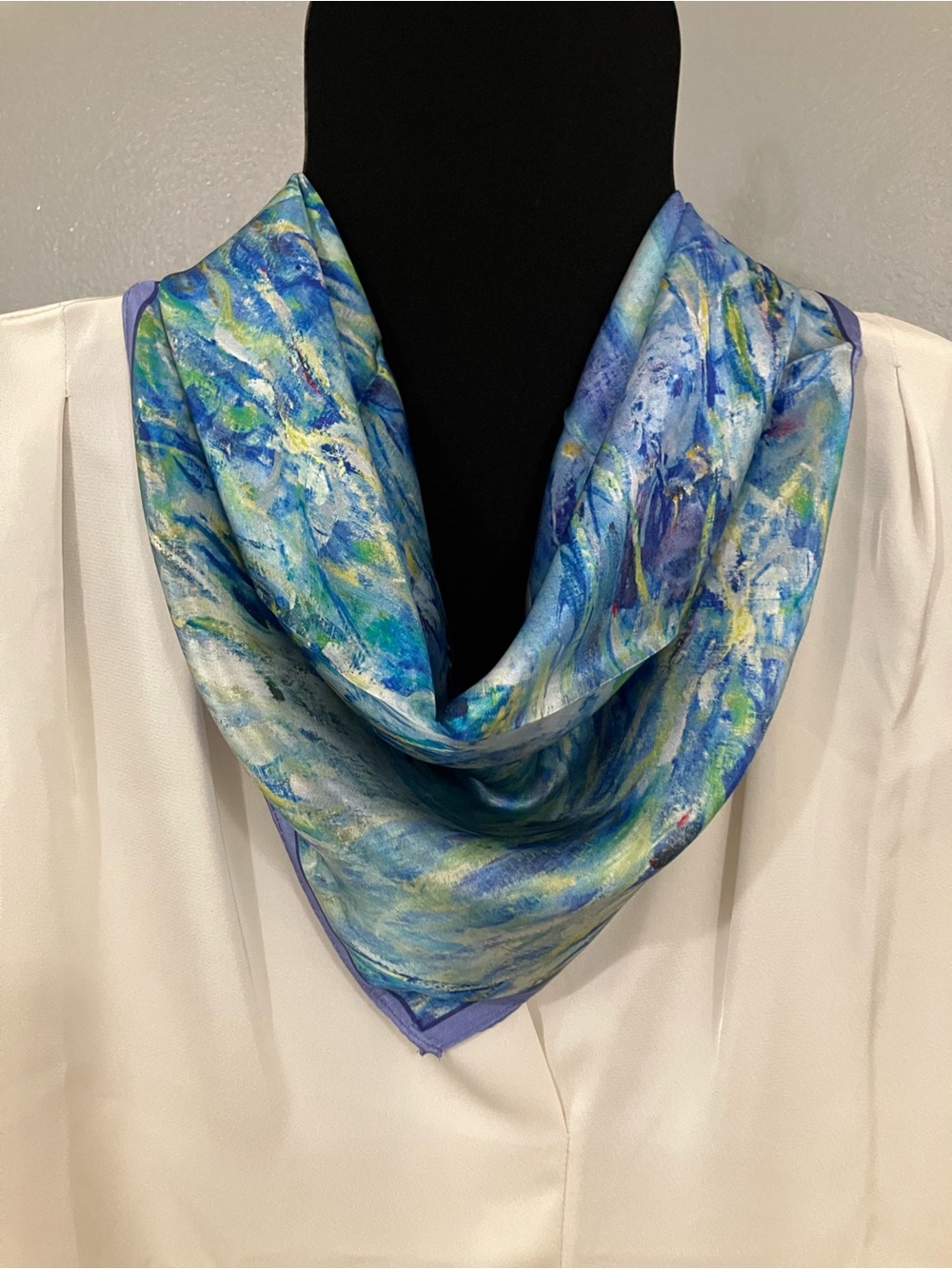 100% silk Scarf Bandana oil painting style blue